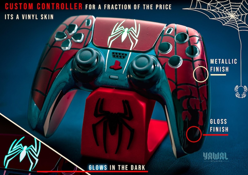 Spider-Man PS5 DualSense Skin Glow in the Dark – Custom Controller look alike Vinyl Wrap Decal image 2