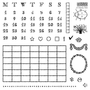 May include: A black and white stamp set titled A Timely Tale by Iron Orchid Designs, featuring a calendar grid, numbers 1 through 31, days of the week, a ladybug, floral arrangement, crown, decorative garland, wreath, and various small icons.