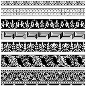 May include: A collection of seven distinct black and white horizontal border patterns. The designs include repeating geometric shapes, stylized floral motifs, intricate leaf arrangements, a classic Greek key pattern, and ornate scrolling vine elements.