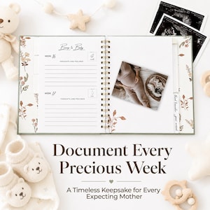 May include: A spiral-bound pregnancy journal titled Bump to Baby with pages for week 16 and 17, featuring floral illustrations, a photograph of a pregnant belly, and ultrasound images. The journal is surrounded by a teddy bear, baby booties, and wooden toys.