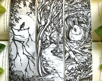 Illustrated Simple Bookmark Set: Tree Path, Bunny Burrow, Bird Moon (3 Pack)