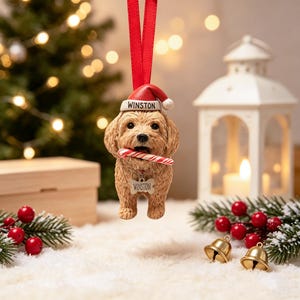 Puede incluir: Un adorno navideño colgante con forma de perro marrón claro que lleva un gorro de Papá Noel rojo con el nombre WINSTON impreso en el borde. El perro sostiene un bastón de caramelo rojo y blanco en la boca y lleva una placa en forma de hueso.