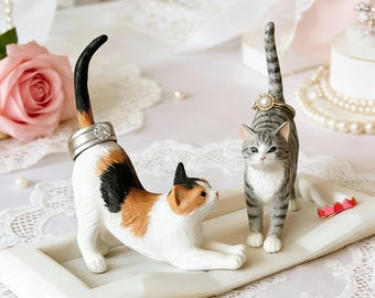 Porta anillos de arcilla personalizado con forma de gato y cama: escultura de mascota personalizable, regalo de compromiso. Porta anillos personalizado.