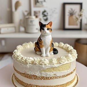 May include: A white cake with gold glitter trim and white frosting is topped with a calico cat figurine. The cat is sitting on its haunches with its tail curled around its legs.