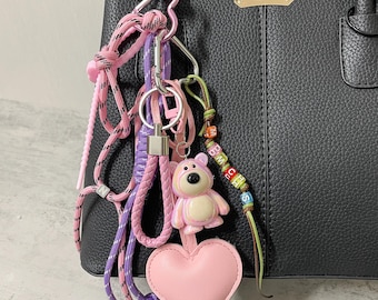 Pink Heart Rope Bag Charm: Y2k Keychain Accessory