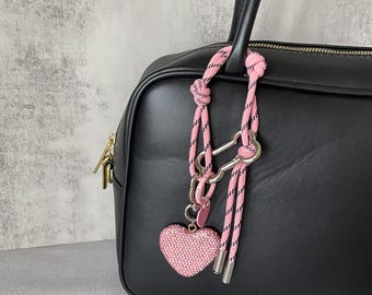 Rhinestone Heart Pendant Bag Charm, Lovely Pink Paracord Bag Chain, Bag Accessory, Custom Name, 5 Colors