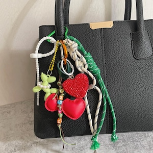 Cherries Heart Rope Bag Charms,Stylish Bag Charm,Y2k Rope Purese Charm Bag Keychain Accessories