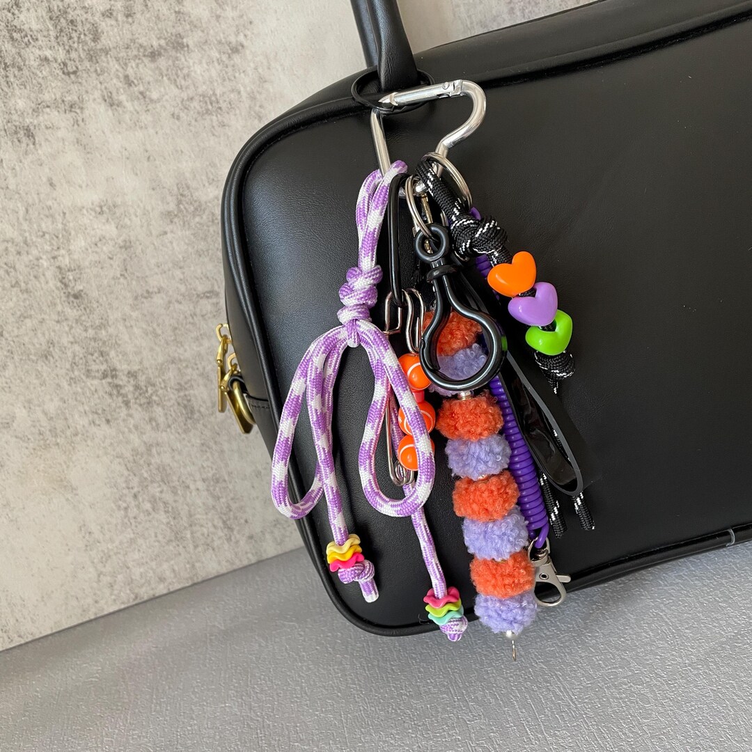 Plush Furry Beads Bag Charm Handmade Bow Rope Bag Chain Purple
