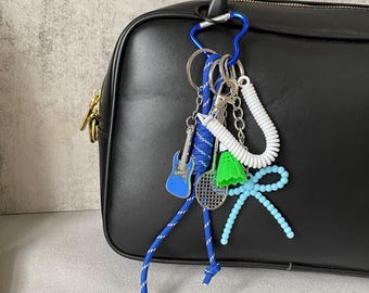 Navy Blue Rope Bow Bag Charms, Guitar Keychain For Bag Accessories, Custom Name