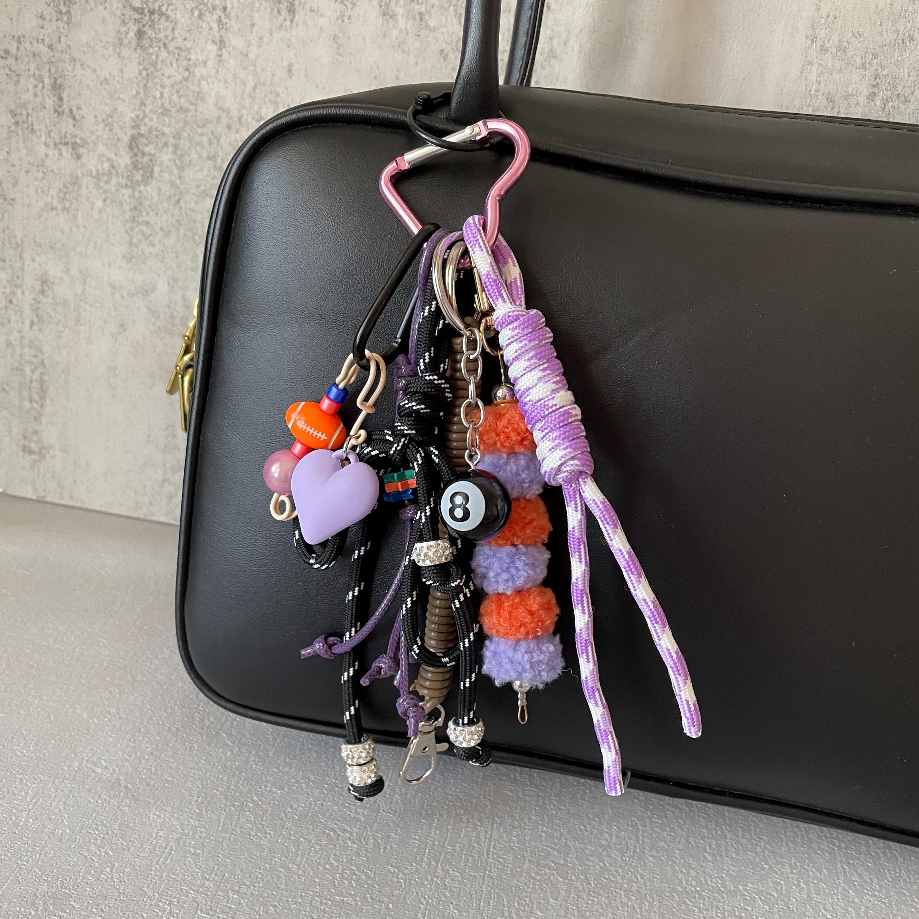 Furry Plush Beaded Bag Charm Paracord Bow Chain for Bag No.8