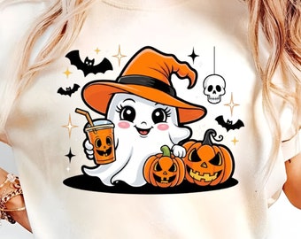 Cute Ghost Drinking Coffee PNG, Cute Halloween Ghost PNG, Boujee Ghost png, Ice Coffee png, Spooky Season Png, Ghost with Pumpkin Png