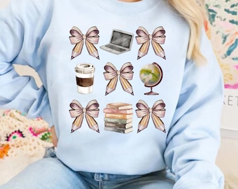 Teacher Pencil Coquette Bow Png, Coffee Png, Teacher Gift, Back to School, Coquette Teacher Png, Books Png, Globe Png, Teachers Laptop Png