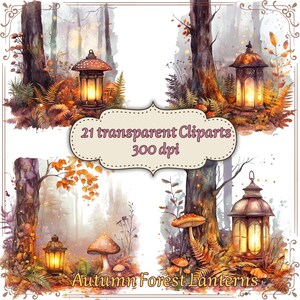 Può includere: Illustrazione ad acquerello di scene di foresta autunnale con lanterne luminose, alberi e funghi. L'immagine include il testo "21 transparent Cliparts 300 dpi" e "Autumn Forest Lanterns". La tavolozza dei colori utilizza toni caldi di arancione, marrone e giallo.