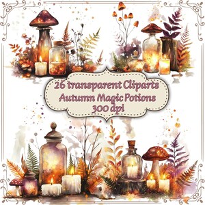 Könnte beinhalten: Aquarell-Illustration mit Herbstmotiven. Das Bild zeigt transparente Glasbehälter, brennende Kerzen, Pilze und Herbstlaub. Der Text lautet: "26 transparente Cliparts Autumn Magic Potions 300 dpi."