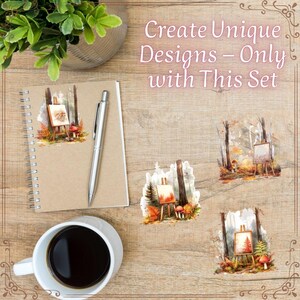 May include: A notebook, pen, and coffee cup sit on a wooden surface, alongside stickers featuring miniature easels with paintings of a forest scene. The text reads, "Create Unique Designs - Only with This Set."