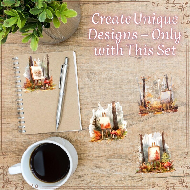 May include: A notebook, pen, and coffee cup sit on a wooden surface, alongside stickers featuring miniature easels with paintings of a forest scene. The text reads, "Create Unique Designs - Only with This Set."