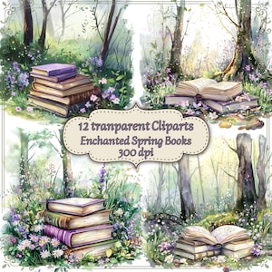 Könnte beinhalten: Aquarell-Clipart-Set mit Buchstapeln in einer Waldszene. Die Bücher haben lila und braune Einbände, umgeben von Wildblumen und Bäumen. Der Text lautet: "12 transparent Cliparts Enchanted Spring Books 300 dpi."