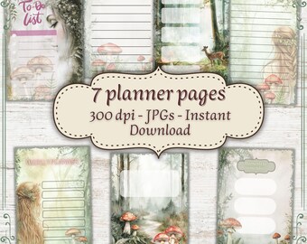 Può includere: Sette pagine di pianificazione con un tema mistico del bosco. Le pagine presentano illustrazioni di funghi, scene di foresta e una donna con i capelli lunghi. Il testo sulle pagine include "To-Do list", "Notes" e "Weekly Planner". Il testo "7 planner pages" è anche visibile.