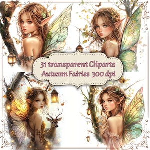 May include: Digital art featuring four illustrations of fairies with autumnal themes. Each fairy has delicate wings, floral accents, and pointed ears. The image includes the text "31 transparent Cliparts Autumn Fairies 300 dpi."