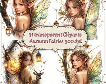 Autumn Fairies Clipart Set | 31 PNGs Transparent | Fall Fairy Illustrations | Fantasy Woodland Digital Download - Nature Fairy Design