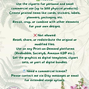 May include: A green and white graphic with text detailing the NatureFairyDesign Clipart License. The text outlines allowed uses, such as personal and small commercial use for up to 500 physical products, and what is not allowed. A fox illustration is in the bottom left.