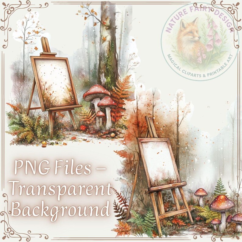 May include: Watercolor illustration featuring two wooden easels with blank canvases set in a forest scene with mushrooms and ferns. The image includes the text "PNG Files - Transparent Background" and a circular logo with a fox.