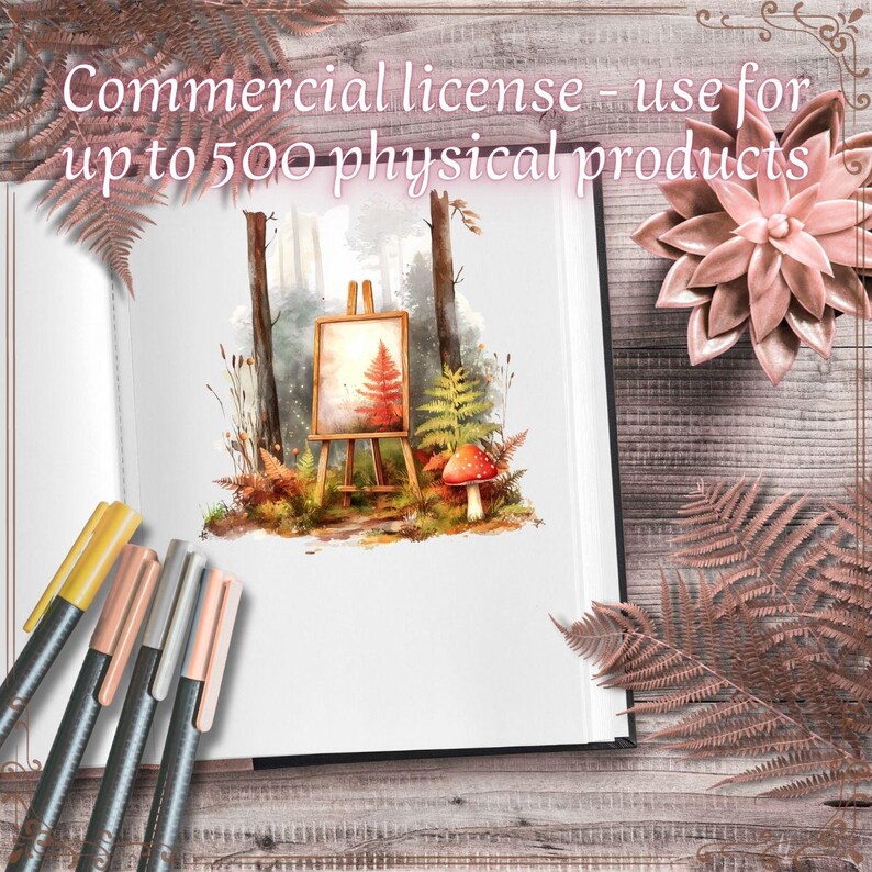 May include: An open book displays a watercolor painting of a forest scene with an easel, a red mushroom, and ferns. The text "Commercial license - use for up to 500 physical products" is at the top. Several pens are in the lower left corner.