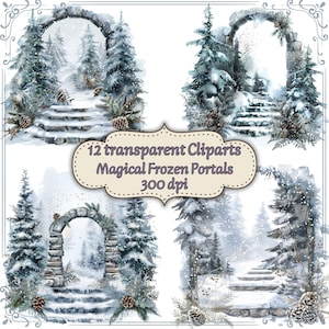 Puede incluir: Conjunto de imágenes prediseñadas de acuarela con escenas invernales con arcos de piedra, escaleras cubiertas de nieve y árboles de hoja perenne. La imagen incluye el texto "12 transparent Cliparts Magical Frozen Portals 300 dpi."