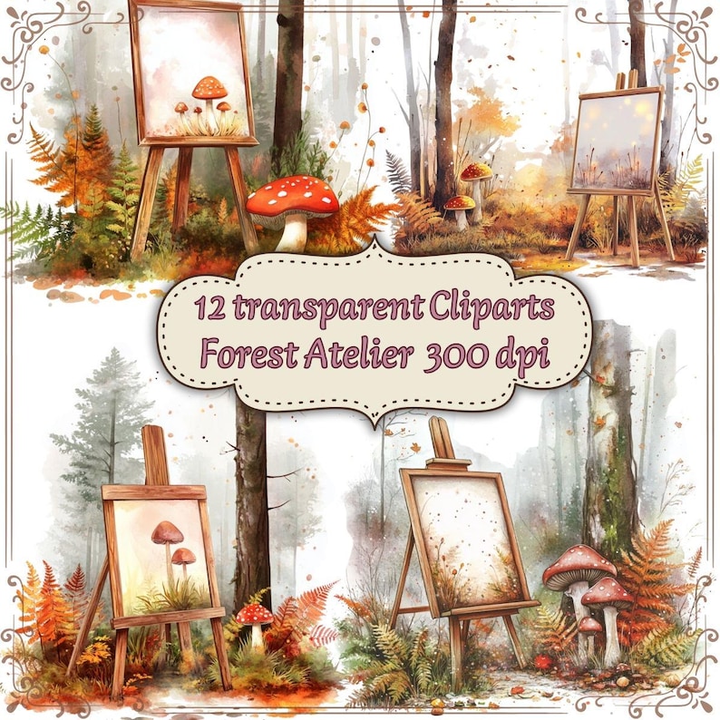 May include: Watercolor digital art featuring forest scenes with mushrooms, ferns, and easels displaying artwork. The image includes the text "12 transparent Cliparts Forest Atelier 300 dpi". The color palette includes shades of brown, orange, and green.