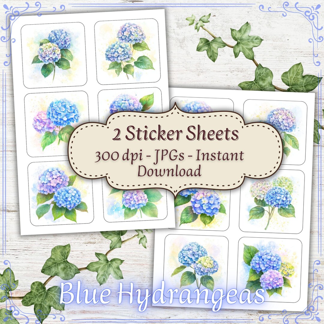Hydrangea Sticker Blue Hydrangeas – 2 X A4 Sticker Sheets | Blue Hydrangea Stickers ...
