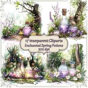 May include: Watercolor illustrations of glass potion bottles with cork stoppers, filled with colorful liquids. The image features a forest setting with flowers and the text "17 transparent Cliparts Enchanted Spring Potions 300 dpi".