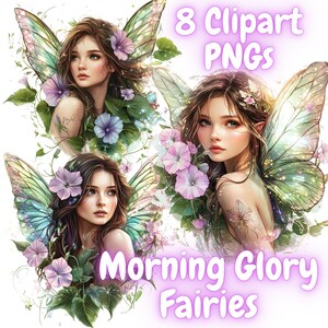 May include: Digital art featuring three illustrations of fairies with butterfly wings, adorned with purple morning glory flowers and green foliage. The text "8 Clipart PNGs" and "Morning Glory Fairies" are displayed in a light purple font.