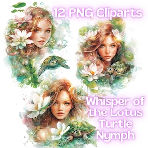 Il sussurro della ninfa tartaruga di loto: 12 incantevoli clipart per i tuoi progetti creativi con fiori di loto e tartarughe marine