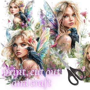 May include: A digital art print featuring multiple images of a blonde fairy with colorful wings, surrounded by flowers and a black crow. The text "print, cut out and craft" is displayed in a pink font. A pair of scissors is in the foreground.