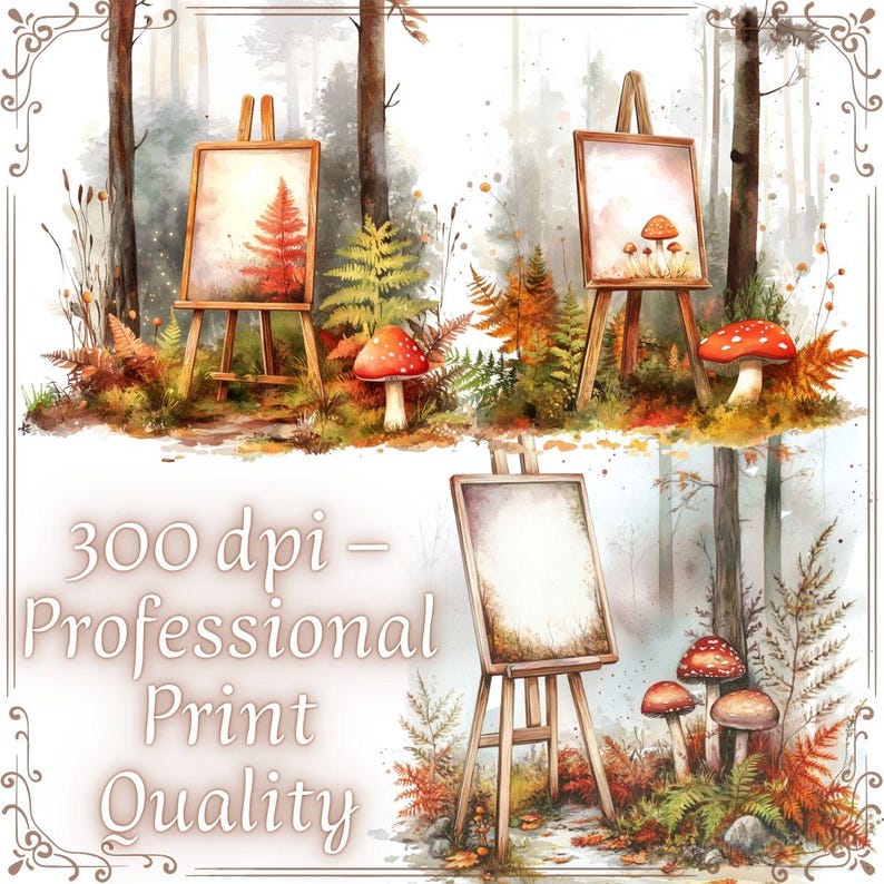 May include: Watercolor painting of three easels with canvases in a forest setting. The paintings depict a fern, mushrooms, and a blank canvas. The scene includes fall foliage, mushrooms, and the text "300 dpi - Professional Print Quality."