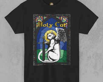 Holy Cat T-Shirt – Angelic Cat in Stained Glass Style - Knight T-Shirt - Sword T-Shirt - Winged Cat Tee