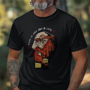 May include: Black t-shirt with a cartoon illustration of a dwarf with a red beard and the text "Path to gold ends in coal".