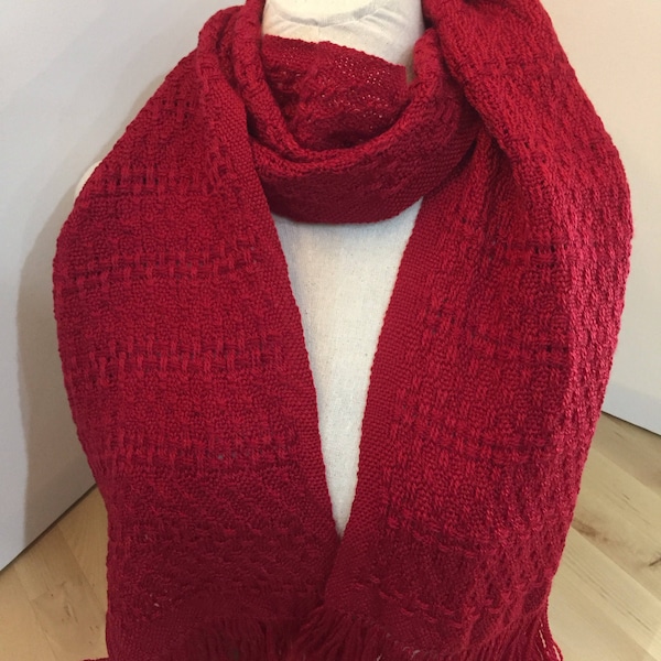 Handwoven red merino tencel scarf lace