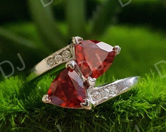 Two Stone Red Garnet Trillion Cut Diamond Ring, Engagement Proposal Ring, Bypass Shank Ring, Channel Set Gold Or Silver Ring, Handmade Ring