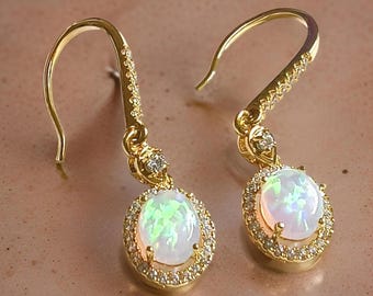 Fire Opal Drop Dangle Earrings Oval Cut Lab-Created Fire Opal Halo Dangle Earrings 14K Yellow Gold Finish 925 Sterling Silver Hook Earrings