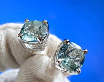 4Ct Cushion Brilliant cut Aquamarine 14K White Gold Finish Sterling 925 Solitaire Stud Earrings Gift For her ,Birthday Gift, Special Gift