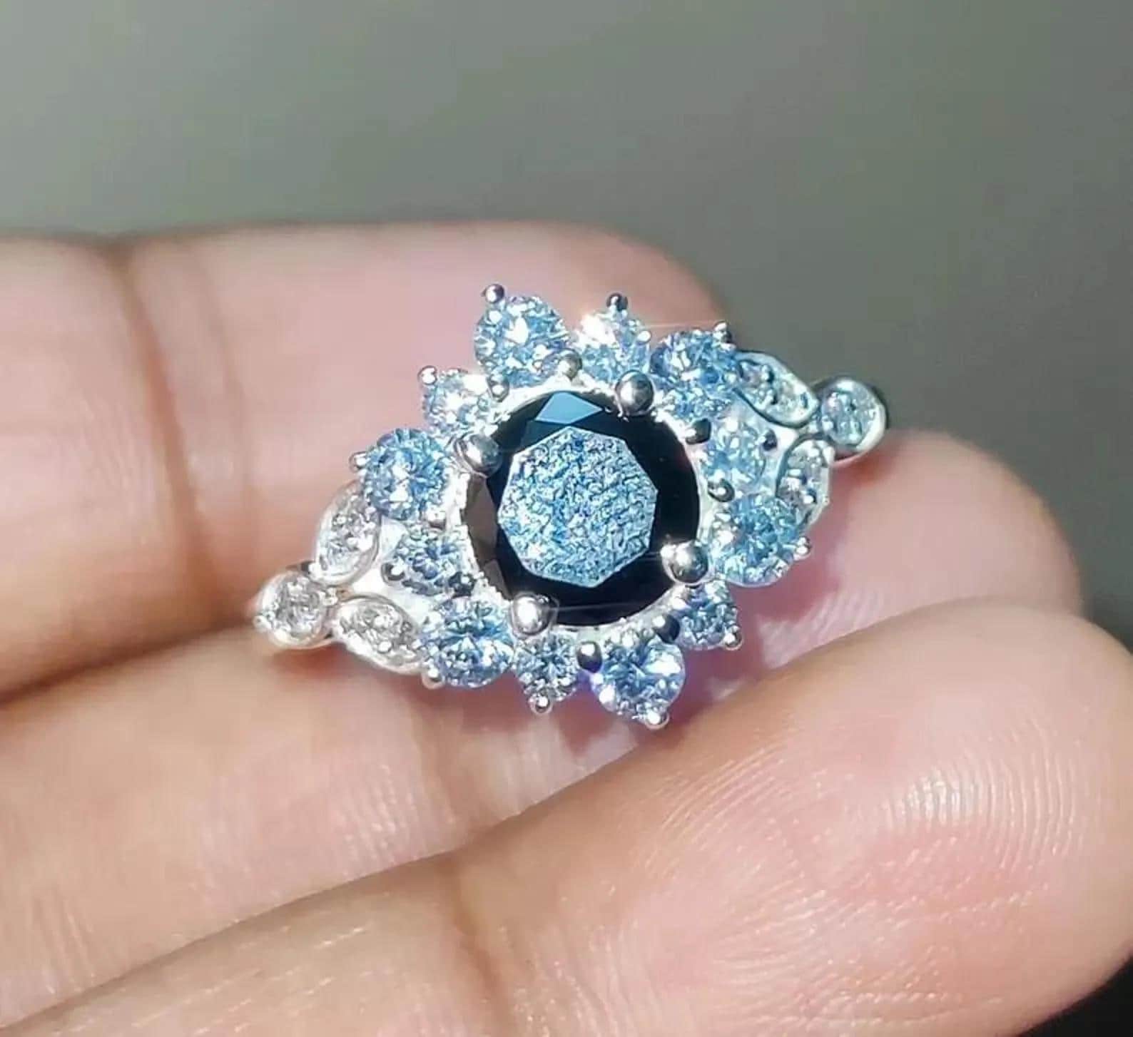 Engagement Ring Round Cut Natural Black Spinel Prong Ring 14K White Gold Plated 925 Sterling Silver Anniversary, For Birthday Party Ring