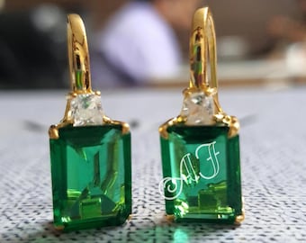 4Ct Emerald Brilliant cut Green Emerald & VVS1/D Diamond 14K Yellow Gold Finish Sterling 925 Silver Drop/Dangle Earrings Gift For her