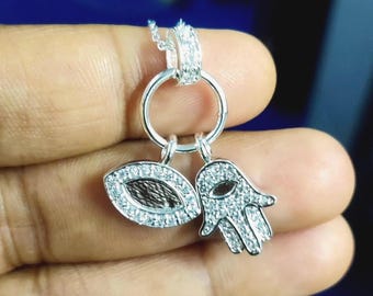 Vintage Rundschliff CZ Icy Bling 3D Evil Eye Hamsa Hand Anhänger 925