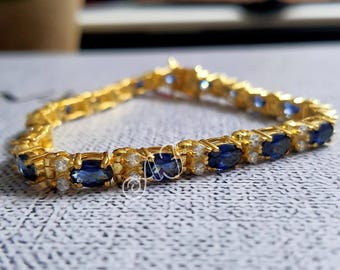 10Ct Oval Brilliant cut Blue Sapphire & VVS1/D Diamond 14K Yellow Gold Finish Sterling 925 Silver Bracelet Gift For her ,Birthday Gift