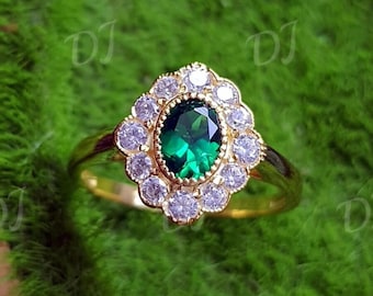 Halo Oval Cut Ring, 2.00Ct, Lab Created Green Emerald, Cocktail Halo, 14K Yellow Gold Plated, Engagement, Anniversary, Birthday Gift For Her