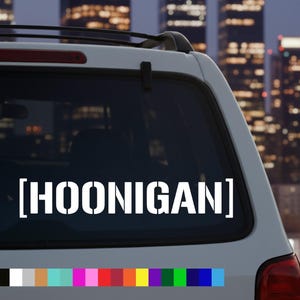 May include: White vinyl decal with the word "HOONIGAN" in a stencil font, displayed on the rear window of a white vehicle. The background features a cityscape at dusk, with a color palette at the bottom.