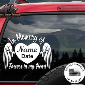 Adesivo decalque personalizado com nome de anjo em forma de coração e memória para sempre em nossos corações