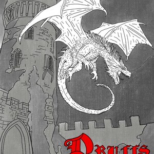 K&ouml;nnte beinhalten: Ein wei&szlig;er Drache mit ausgebreiteten Fl&uuml;geln fliegt &uuml;ber einen grauen Steinturm. Der Schwanz des Drachen rollt sich um seinen K&ouml;rper. Das Wort "Druffs" ist in roten Buchstaben unterhalb des Schlosses geschrieben.
