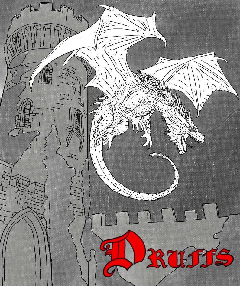 K&ouml;nnte beinhalten: Ein wei&szlig;er Drache mit ausgebreiteten Fl&uuml;geln fliegt &uuml;ber einen grauen Steinturm. Der Schwanz des Drachen rollt sich um seinen K&ouml;rper. Das Wort "Druffs" ist in roten Buchstaben unterhalb des Schlosses geschrieben.